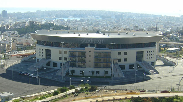 View of the hall from the north with the port of Piraeus in the background (January 2004)